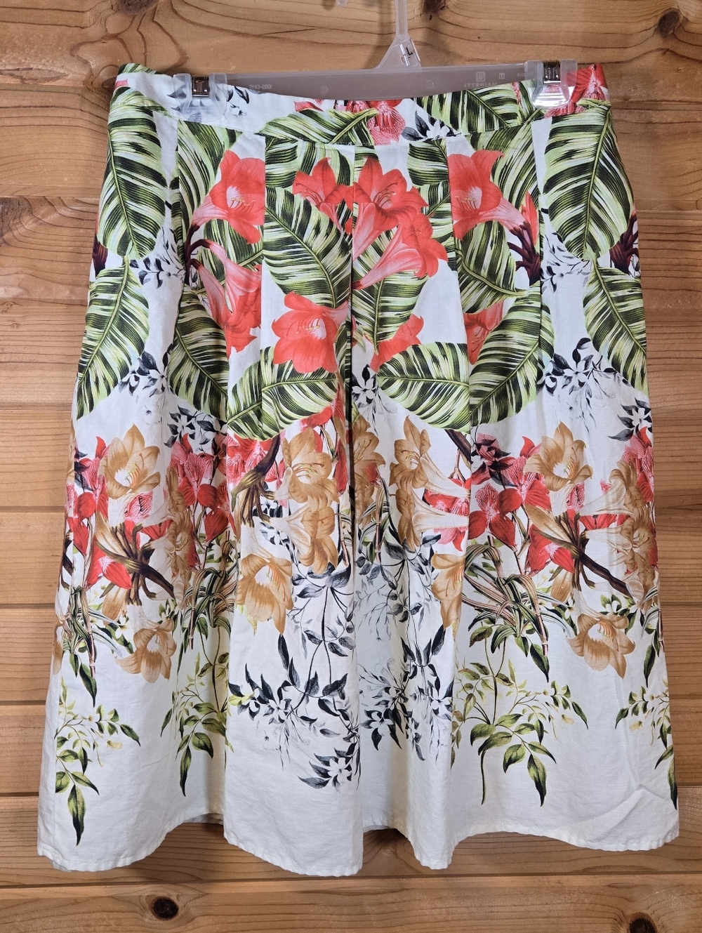 Talbots Floral A-Line Skirt Womens 8P White Linen Cotton Lined Knee Length Zip
